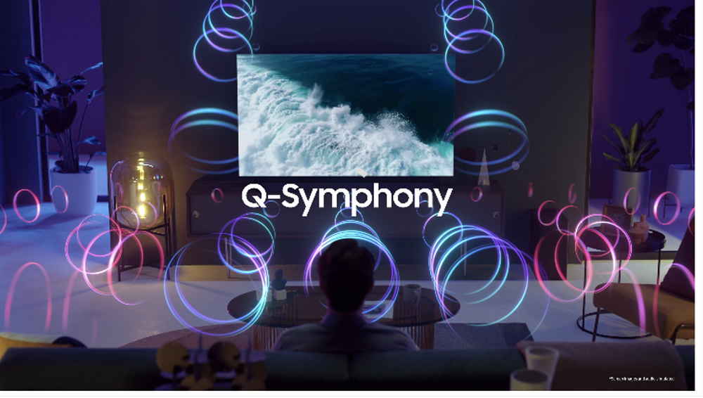 Q-Symphony analiza el contenido que está viendo y reconoce el entorno sonoro para distribuir el audio de manera precisa entre los altavoces del televisor y la barra de sonido u otros dispositivos compatibles, como los altavoces Music Frame. Foto: Suministrada a Tuiteros Boyacá