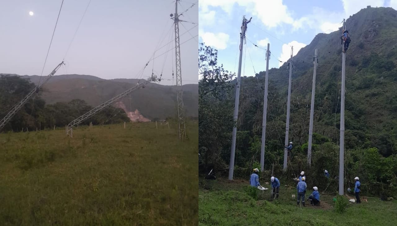 Más de 20 operarios fueron los encargados de la construcción de la nueva línea que permitió que anoche se restableciera el servicio de energía a los tres municipios. Foto: Suministrada a Tuiteros Boyacá.