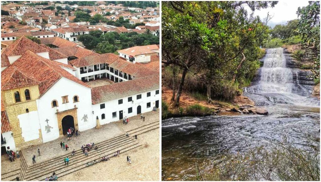 A la izquierda, la arquitectura colonial que rodea la emblemática Plaza Mayor de Villa de Leyva; a la derecha, la caída de agua de La Periquera, dos de los mayores atractivos que impulsan el turismo en el municipio este 2026. Foto: Archivo Particular.
