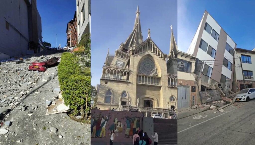 l sismo afectó edificaciones icónicas y modernas. A la izquierda, un vehículo atrapado bajo escombros en una ladera. En el centro, desprendimientos visibles en la torre y fachada de la Catedral de Manizales. A la derecha, un edificio de oficinas moderno presenta una inclinación estructural severa.
