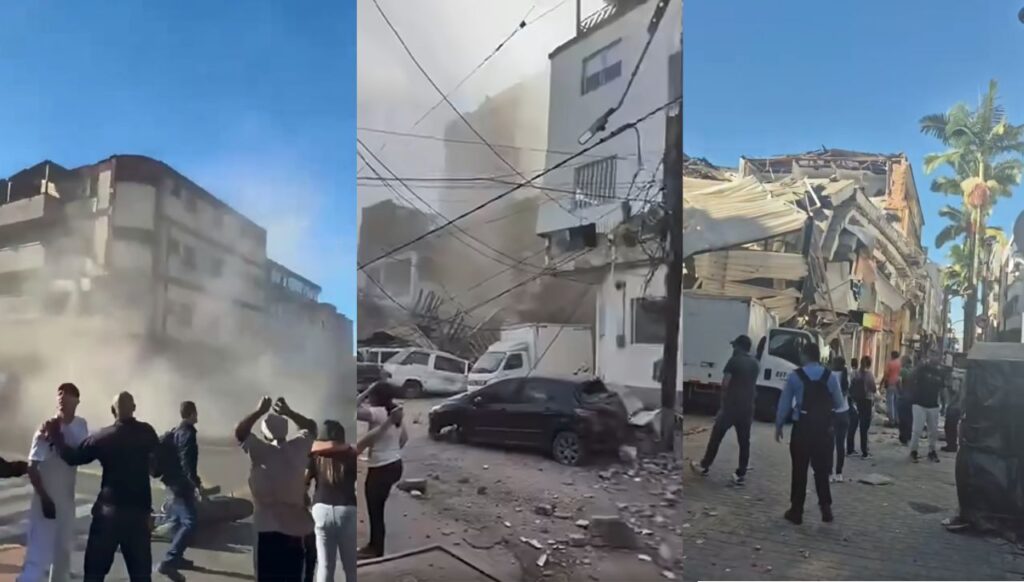 Momentos de tensión y caos durante el sismo de magnitud 7,4. Ciudadanos evacuan edificaciones mientras una densa nube de polvo se levanta tras el colapso parcial de estructuras en una zona comercial.