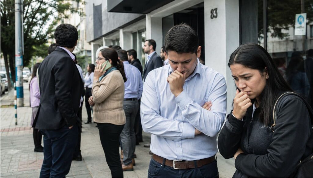 El reflejo de la hipervigilancia y la ansiedad inmediata tras una evacuación sísmica. Expertos señalan que estas reacciones de alerta son respuestas adaptativas del cerebro que permanece pendiente de nuevas amenazas, complicando el proceso de recuperar la calma emocional. Foto: Referencia, generada con IA