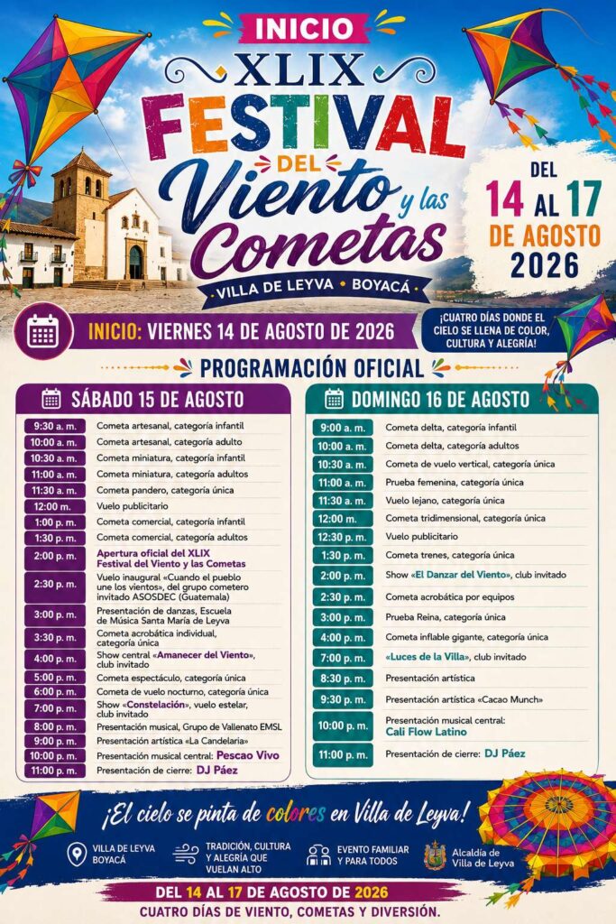 Esta es la programación de la versión 2026 del Festival de Cometas que se realizará del 14 al 17 de agosto. Foto: Suministrada a Las Noticias de Boyacá