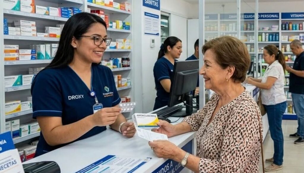 Un profesional farmacéutico brinda atención y orientación a un usuario dentro de una droguería de barrio tradicional, un espacio que hoy evoluciona hacia la modernización integrando novedosos servicios de telemedicina y soluciones tecnológicas para la comunidad.